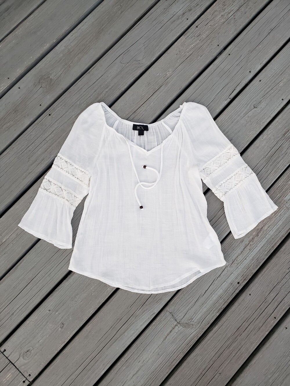 BCX White Peasant Blouse Bell Sleeves  Lace Trim - Small